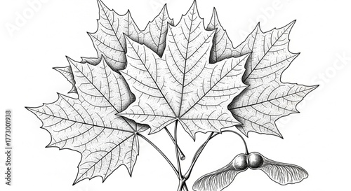 Detailed botanical drawing of maple leaves with seed pod