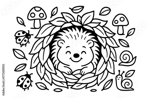 Hedgehog's Leafy Nest. Smiling hedgehog hiding in a leafy nest with ladybugs, snails, and mushrooms scattered, black and white