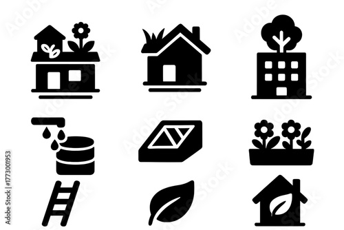 Green Roof Icons. Solid style icons of green roofs: rooftop garden, grass roof, tree on building, rainwater barrel, skylight,