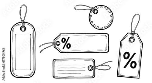 Hand-drawn collection of various sales tags and discount labels with percentage symbols, ideal for marketing, retail promotions, and shopping design elements