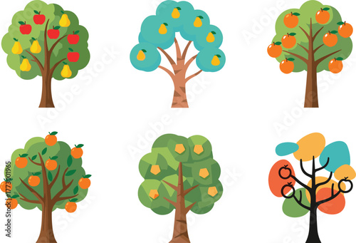Fruit tree collection illustration, apple pear orange garden vector set, flat design art