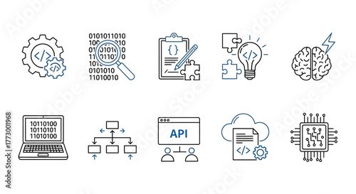 Vector line icons for software development, AI, data processing, and digital technology concepts, ideal for modern UI/UX design and tech project illustrations