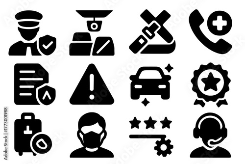 Safety and Service Icons. Solid style icons of safety and service: verified driver icon, security camera in cab, seatbelt icon,