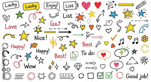 Collection of hand-drawn doodle elements including stars, hearts, arrows, and speech bubbles for creative design projects