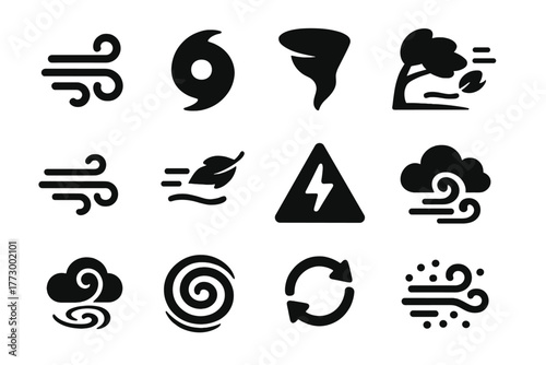 Weather Icons Collection. Solid style icons of wind and storms: wind swirl icon, hurricane symbol, tornado icon, gale force wind,