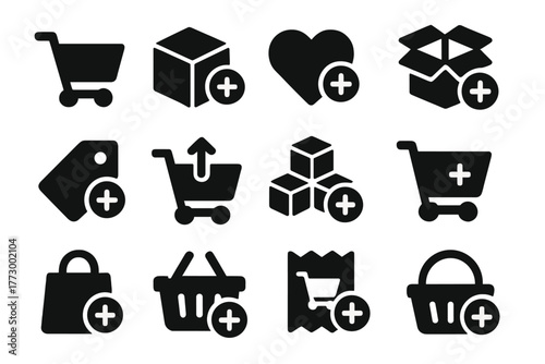 Shopping Cart Icons. Solid style icons of shopping and cart actions: add to cart icon, product plus, wishlist add, inventory