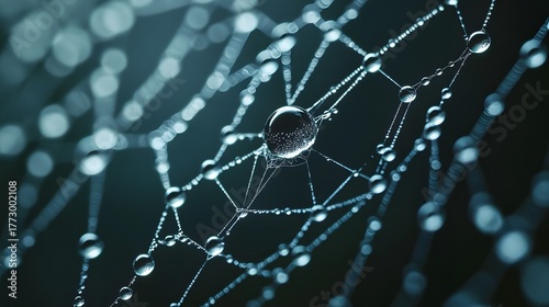 Macro of a Spiderweb with Dew Drops Keywords: spiderweb, web, dew, water droplets, macro,... Photo