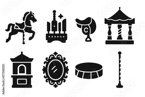 Vintage Carousel Icons. Solid style icons of Vintage Carousel: carved horse, brass pole, calliope, worn saddle, ornate canopy,