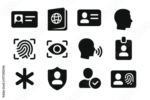 Identity Icons Collection. Solid style icons of Identity: ID card, passport, driver license, face profile, fingerprint ID, retina