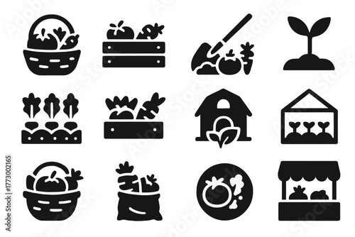 Garden Harvest Icons. Solid style icons of Garden harvest: basket of vegetables, farm crate, garden hoe with veggies, sprouting