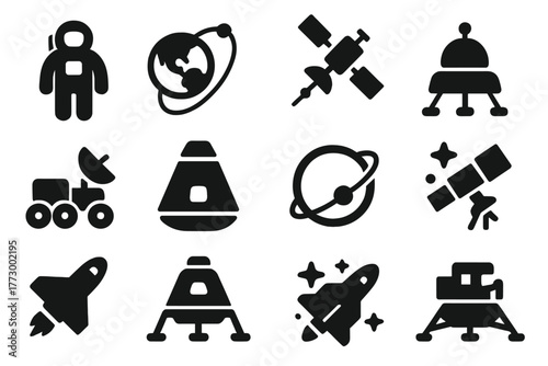 Space Exploration Icons. Solid style icons of space exploration: astronaut icon, satellite orbiting earth, deep space probe,