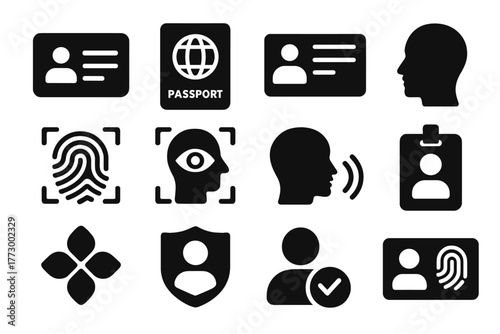 Identity Icons Collection. Solid style icons of Identity: ID card, passport, driver license, face profile, fingerprint ID, retina