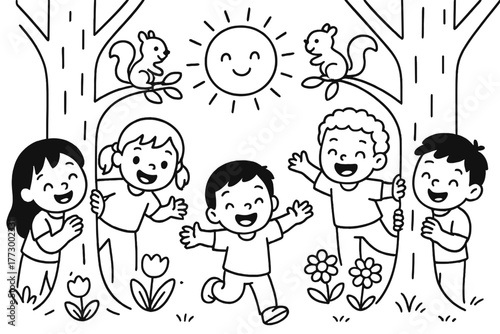 Children's Hide and Seek. Joyful children playing hide and seek behind trees with squirrels, flowers, and smiling sun, black and