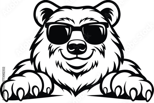 A cool cartoon bear wears sunglasses and smiles broadly within a black and white vector