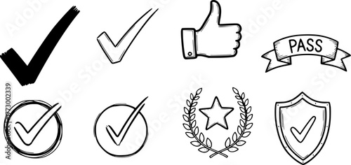 Hand-drawn checkmark set with symbols for success, approval, and validation