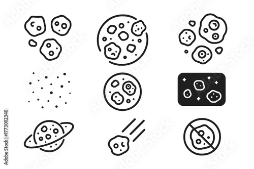 Asteroid Belt Icons. Line style icons of Asteroid Belt: Celestial Rocks, Impact Craters, Orbit Curve, Space Dust, Telescope Lens,