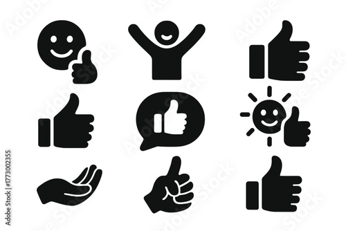 Positive Icons. Solid style icons of Positivity: smiling face with thumbs up, happy person gesture, cheerful approval,