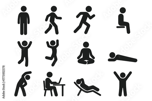 Human Activity Icons. Solid style icons of Human figures: standing person, walking person, running person, sitting person, jumping
