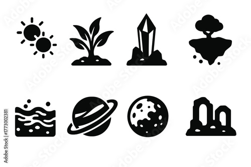 Alien Worlds Icons. Solid style icons of Alien Worlds: twin suns, exotic flora, crystal spire, floating island, lava sea, gas