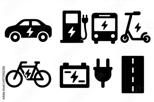 Electric Mobility Icons. Solid style icons of electric mobility: EV car, charging station, bus, scooter, bicycle, battery pack,
