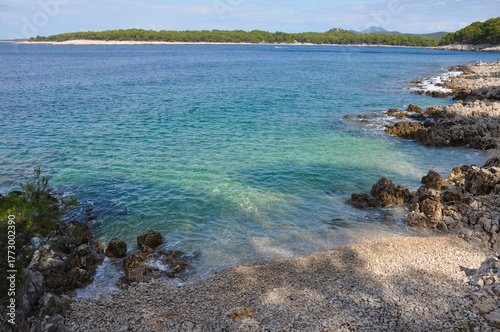 Golden bay Mali Losinj. Golden beach on island Losinj, Croatia, Europe.Beautiful lonely beach in Croatia