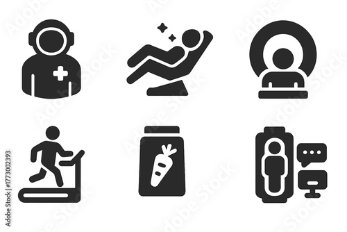 Space Medicine Icons. Solid style icons of Space Medicine: astronaut health, zero gravity bed, radiation shield, medical scanner,