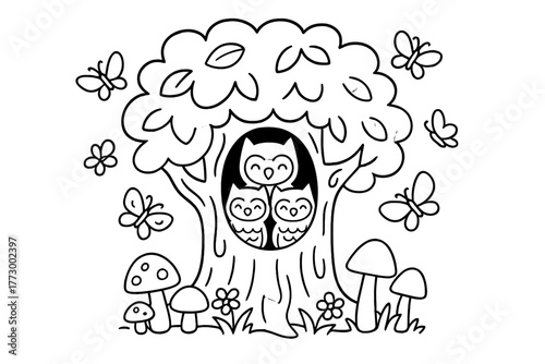 Owls in Magic Tree. Whimsical tree with a hollow full of smiling owls, mushrooms growing, and butterflies dancing around, black
