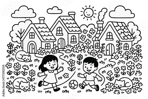 Enchanted Village Coloring. Enchanted village scene with cottages, children playing, cats sleeping, and flowers everywhere, black