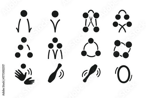 Juggling Icons Display. Solid style icons of Juggling Motion: falling ball, rising ball, crossing arcs, juggling pattern, cascade