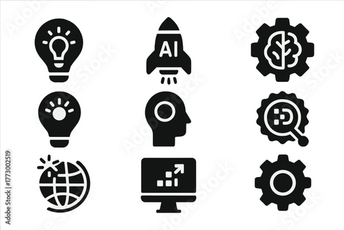 Innovative Tech Icons. Solid style icons of Innovation: lightbulb with chip, rocket with AI, gear with brain, futuristic idea,