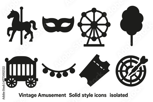 Vintage Amusement Icons. Solid style icons of Vintage Amusement: carousel horse, carnival mask, ferris wheel, cotton candy, circus