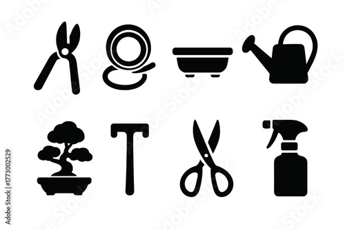 Bonsai Cultivation Icons. Solid style icons of Bonsai Cultivation: pruning shears, bonsai wire, shallow pot, watering can, bonsai