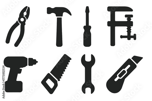Workshop Tool Icons. Solid style icons of Workshop Tools: pliers, hammer, screwdriver, clamp, drill, saw, wrench, utility knife,