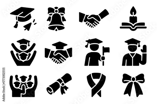 Academic Traditions Icons. Solid style icons of Academic traditions: cap toss, graduation bell, diploma ceremony, candle of