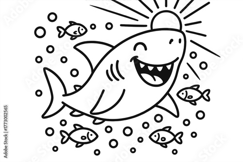 Smiling Shark Adventure. Joyful shark smiling widely while swimming with fish, bubbles, and sun rays shining through water, black