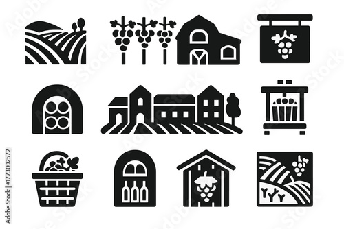 Solid Vineyard Icons. Solid style icons of Vineyards: vineyard hill, grapevine row, grape farm house, barrel cellar, winery estate
