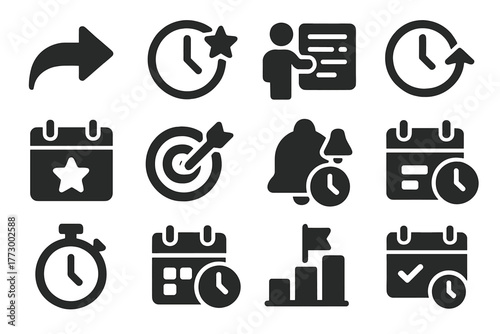 Future Scheduling Icons. Solid style icons of future and scheduling tools: forward time arrow, clock with future star, plan ahead