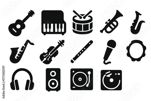 Solid Music Icons. Solid style icons of Music instruments: guitar, piano, drum, trumpet, saxophone, violin, flute, microphone,