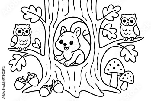 Squirrel's Cozy Hideaway. Playful squirrel nest inside a hollow tree with acorns, mushrooms, and owls nearby, black and white line