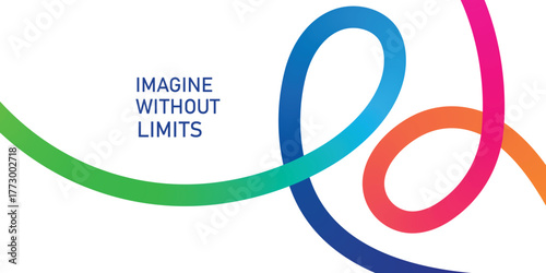 Blue green pink orange abstract ribbon curves with text Imagine Without Limits background wave