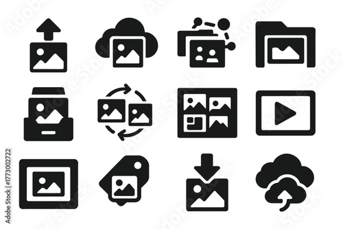 Photo Sharing Icons. Solid style icons of photo sharing and storage: image upload, photo cloud, shared album, picture folder,