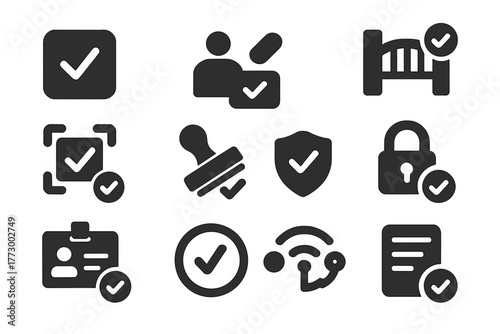 Success Icons Collection. Solid style icons of success and clearance: task complete icon, verified login, gate pass icon, scanned