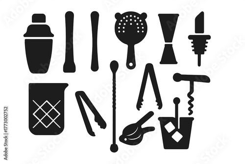 Bar Tools Icons. Solid style icons of Bar tools: cocktail shaker, muddler, strainer, jigger, mixing glass, bar spoon, ice tongs,