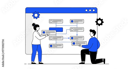 Collaborative team developing and optimizing business processes, analyzing data flow diagrams, and structuring system architecture for strategic project management and efficient workflow solutions