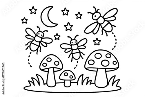 Whimsical Nocturnal Scene. Magical fireflies glowing at night with stars, crescent moon, and mushrooms below, black and white line