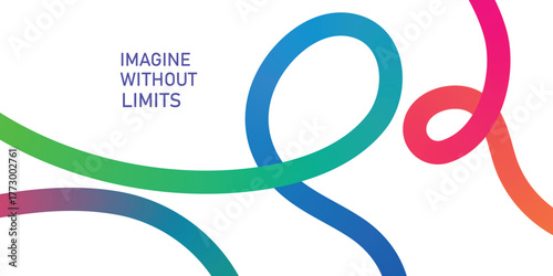 Purple text Imagine Without Limits with flowing gradient ribbons of green blue pink and orange on white background