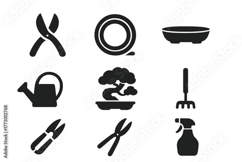 Bonsai Cultivation Icons. Solid style icons of Bonsai Cultivation: pruning shears, bonsai wire, shallow pot, watering can, bonsai