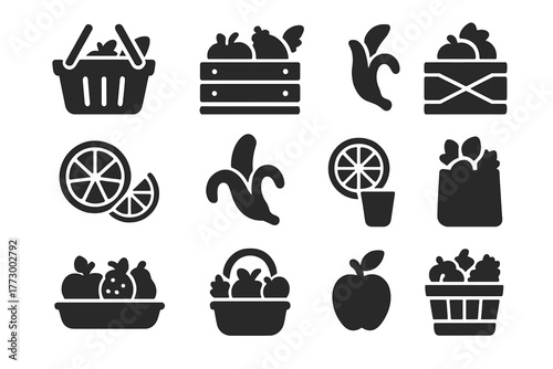 Fresh Produce Icons. Solid style icons of Fresh produce: market basket, fruit crate, farm box, sliced fruit, peeled banana, juiced