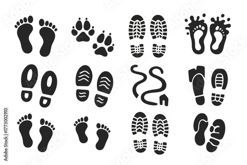 Diverse Footprint Icons. Solid style icons of Tracks: human footprints, animal tracks, shoe prints, muddy footprints, snow tracks,