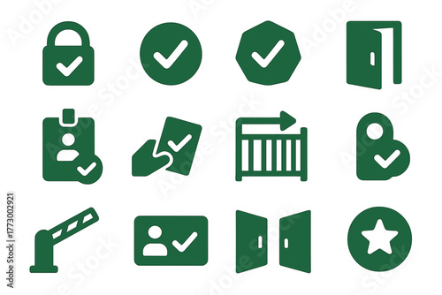 Icons of Access Granted. Solid style icons of access granted: checkmark on lock, green access icon, verified badge, unlocked door,